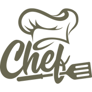 Stylized chef design featuring a chef’s hat, cursive “Chef” lettering, and a spatula, all in a clean, unified layout.