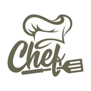 Stylized chef design featuring a chef’s hat, cursive “Chef” lettering, and a spatula, all in a clean, unified layout.