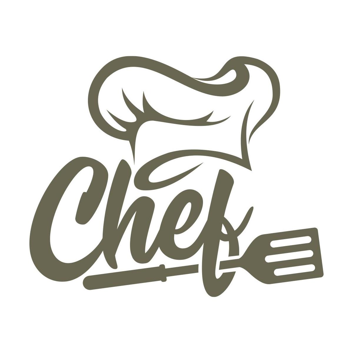 Stylized chef design featuring a chef’s hat, cursive “Chef” lettering, and a spatula, all in a clean, unified layout.
