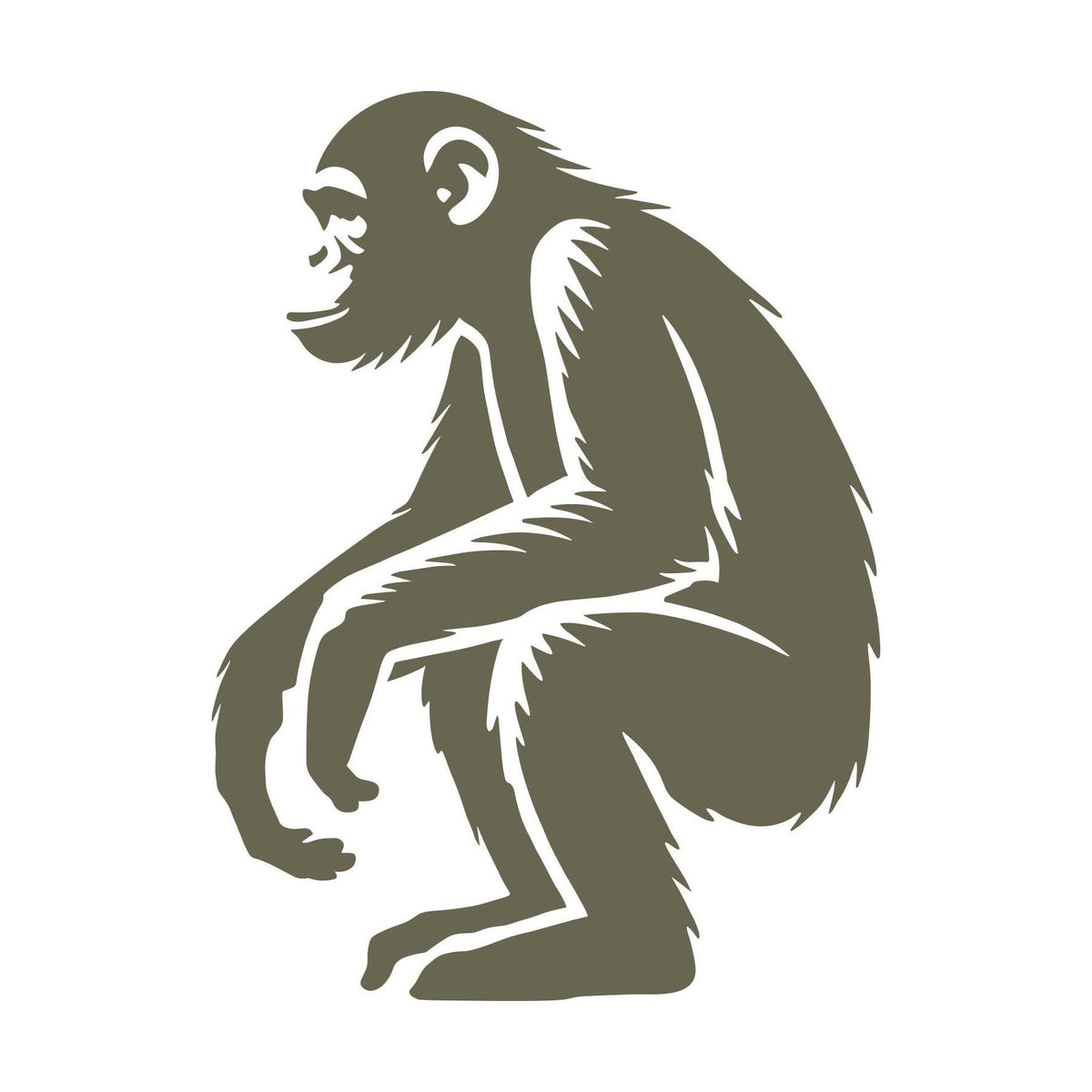 Delrin leather stamp design of a sitting chimpanzee monkey with detailed fur lines and a relaxed, natural pose.