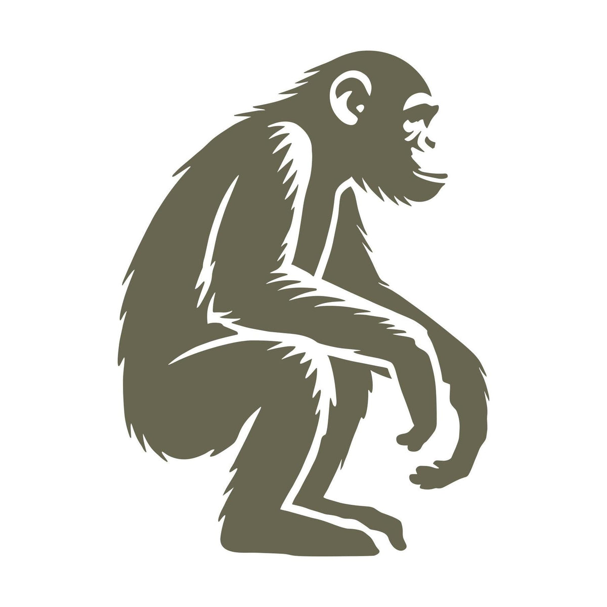 Delrin leather stamp design of a sitting chimpanzee monkey with detailed fur lines and a relaxed, natural pose.