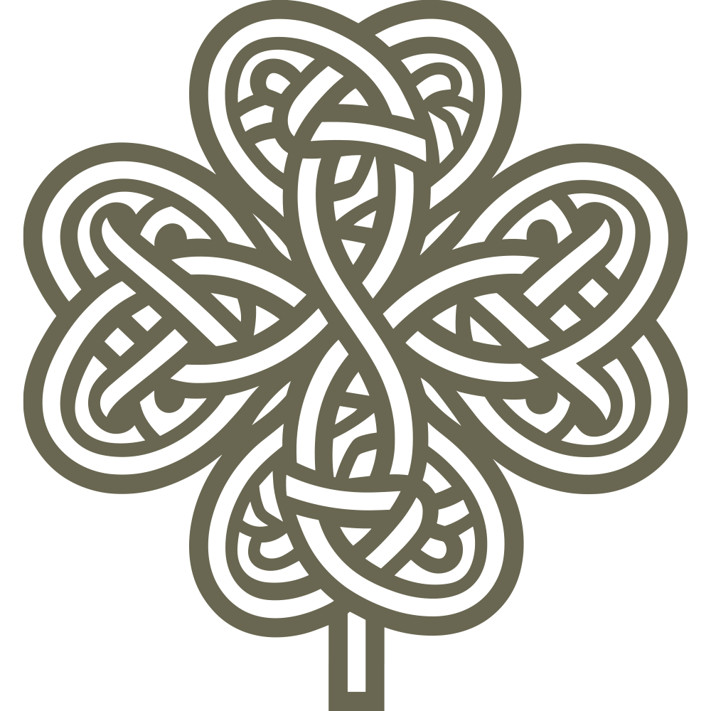 Intricate Celtic knot clover design featuring interwoven loops forming a symmetrical four-leaf pattern with a central stem.