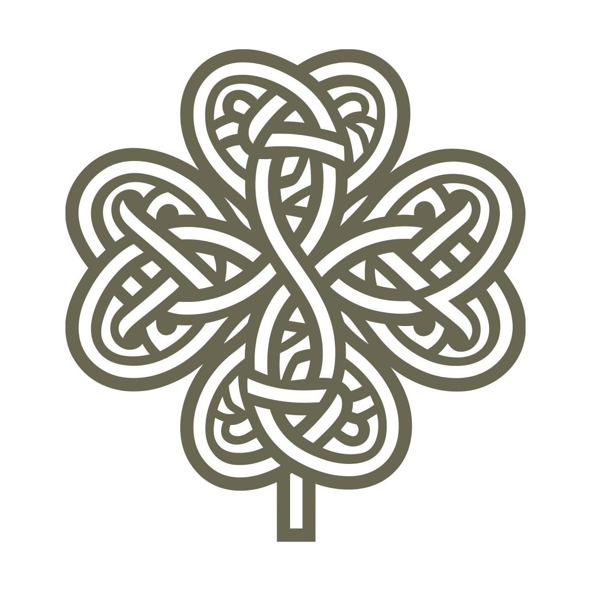 Intricate Celtic knot clover design featuring interwoven loops forming a symmetrical four-leaf pattern with a central stem.