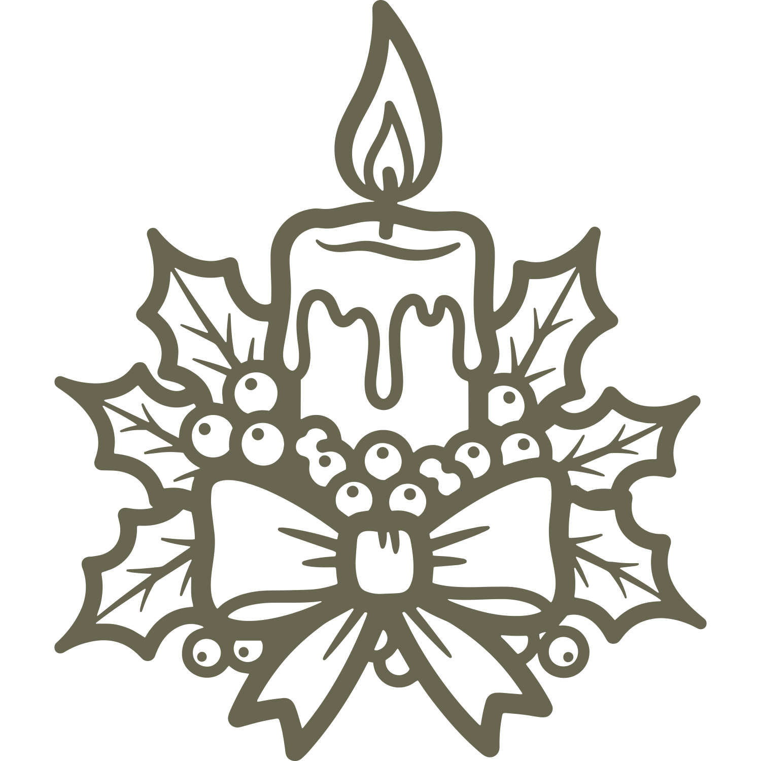 Delrin leather stamp design of a holiday candle surrounded by holly, berries, and a festive bow—perfect for Christmas-themed leather projects.