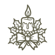 Delrin leather stamp design of a holiday candle surrounded by holly, berries, and a festive bow—perfect for Christmas-themed leather projects.