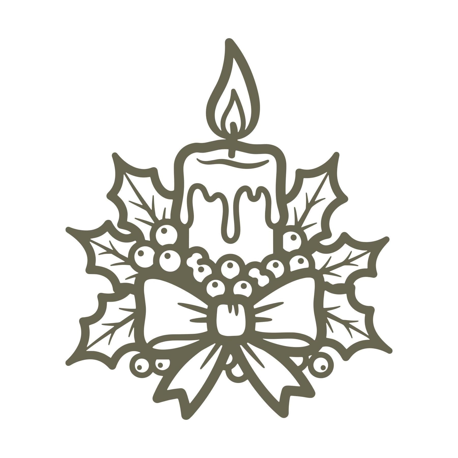 Delrin leather stamp design of a holiday candle surrounded by holly, berries, and a festive bow—perfect for Christmas-themed leather projects.