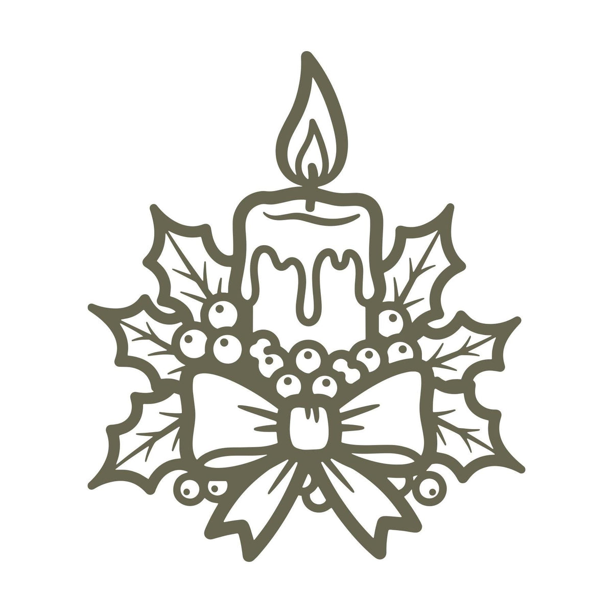 Delrin leather stamp design of a holiday candle surrounded by holly, berries, and a festive bow—perfect for Christmas-themed leather projects.