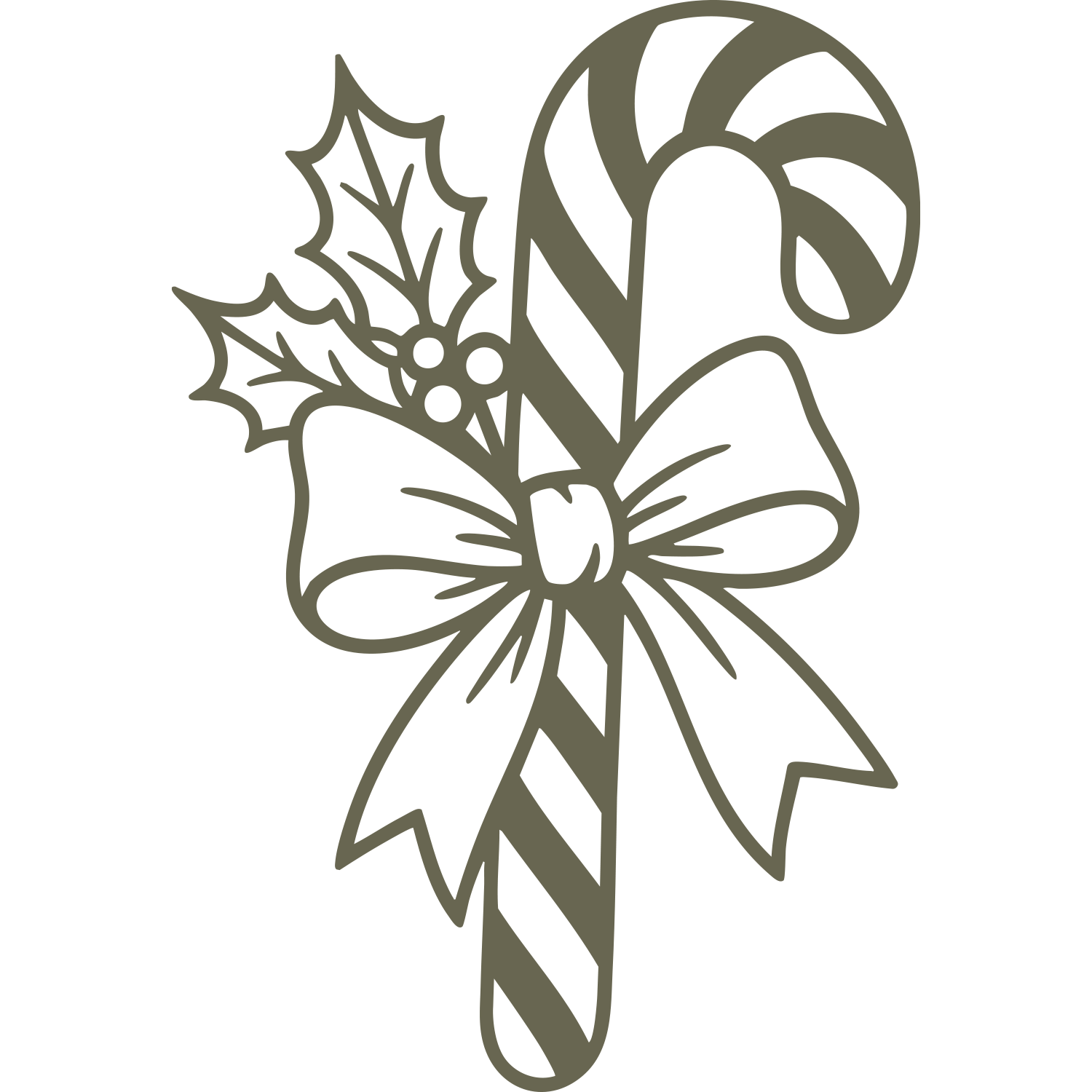 Delrin leather stamp design of a candy cane wrapped with a bow, holly, and berries—perfect for Christmas or holiday-themed leather projects.