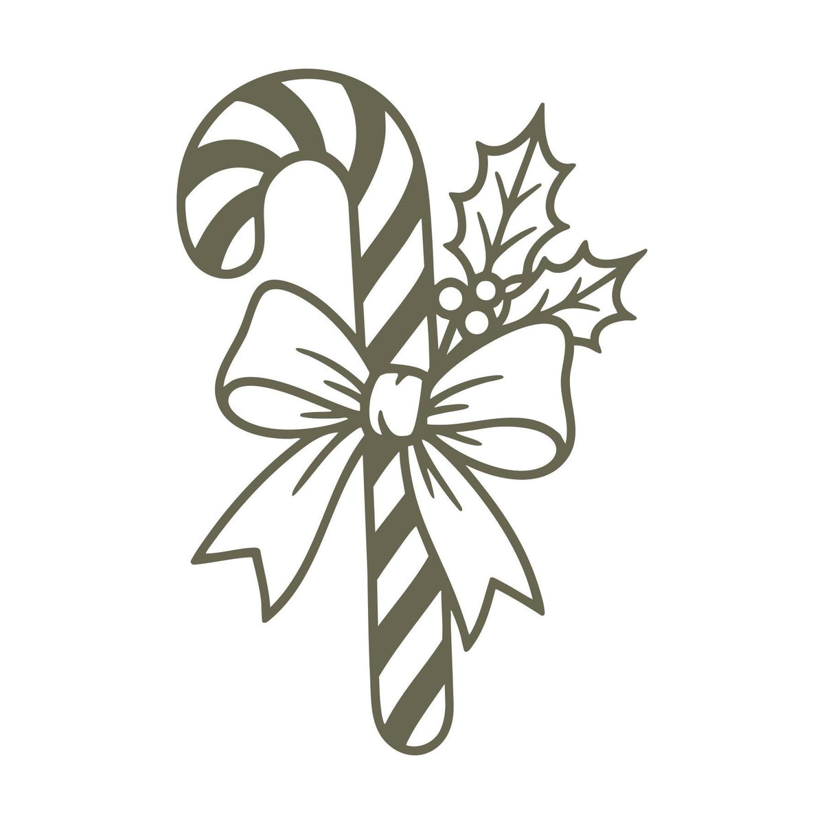 Delrin leather stamp design of a candy cane wrapped with a bow, holly, and berries—perfect for Christmas or holiday-themed leather projects.