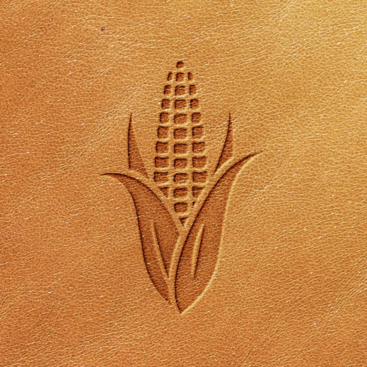 A stylized image of an ear of corn with leaves is embossed on a piece using the Corn Delrin Leather Stamp on light brown leather.