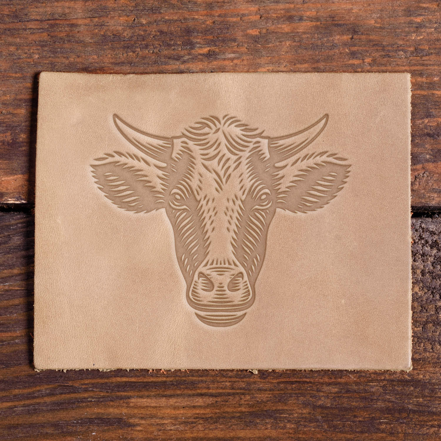 Stamped leather impression of a cow head with fur detail and curved horns, made with a Delrin leather stamp