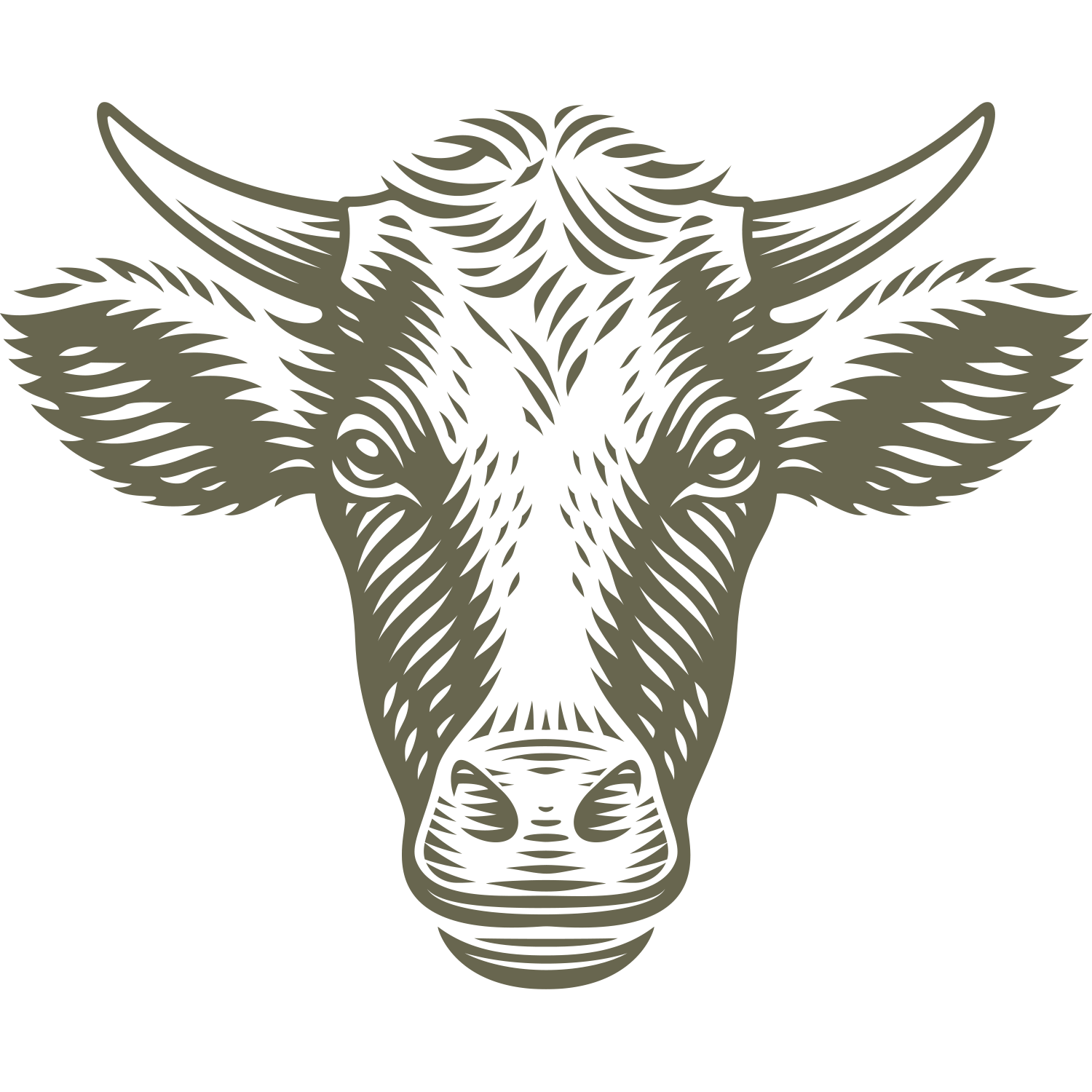 Cow head with curved horns in a woodcut style, stamped with a Delrin leather stamp