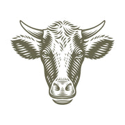 Cow head with curved horns in a woodcut style, stamped with a Delrin leather stamp