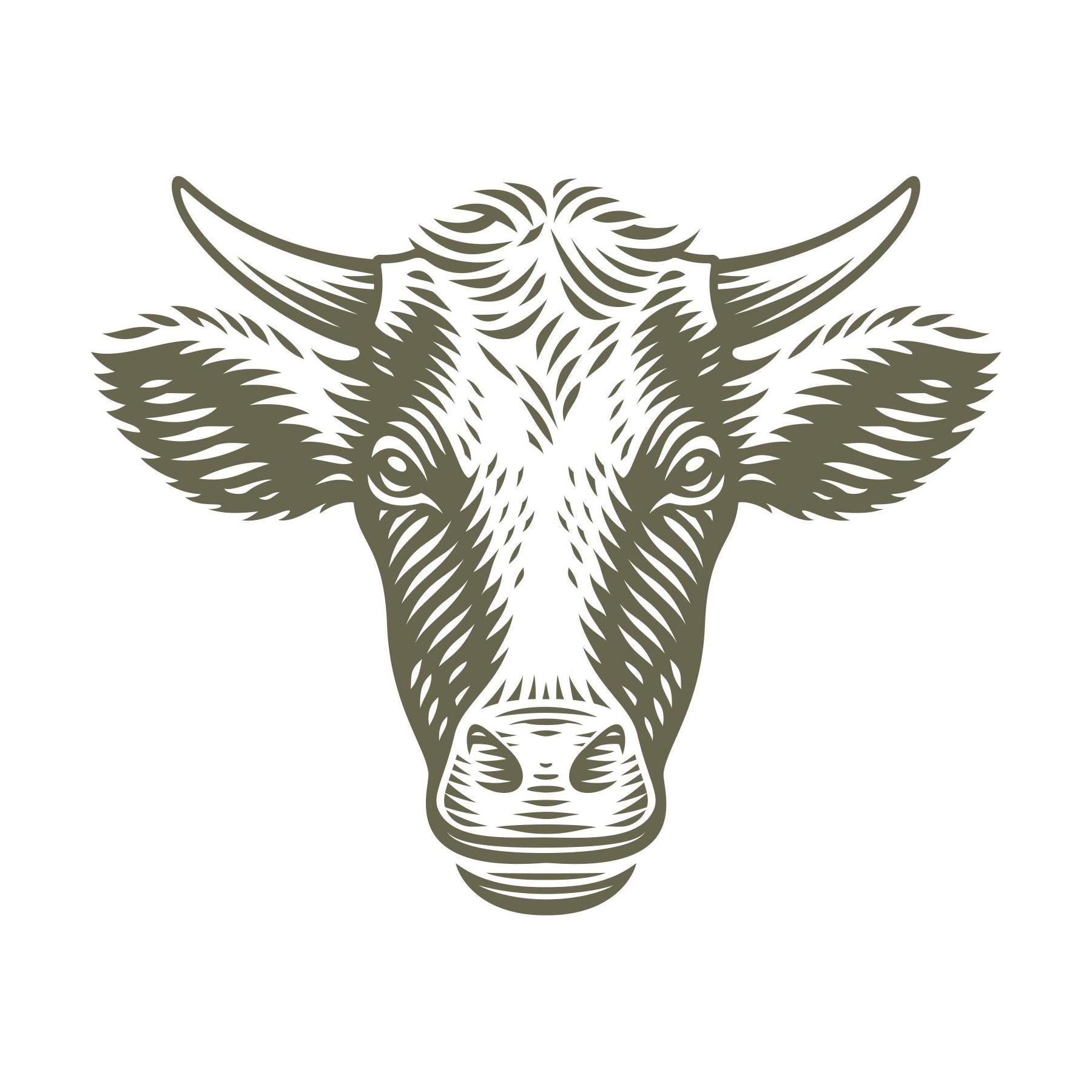 Cow head with curved horns in a woodcut style, stamped with a Delrin leather stamp