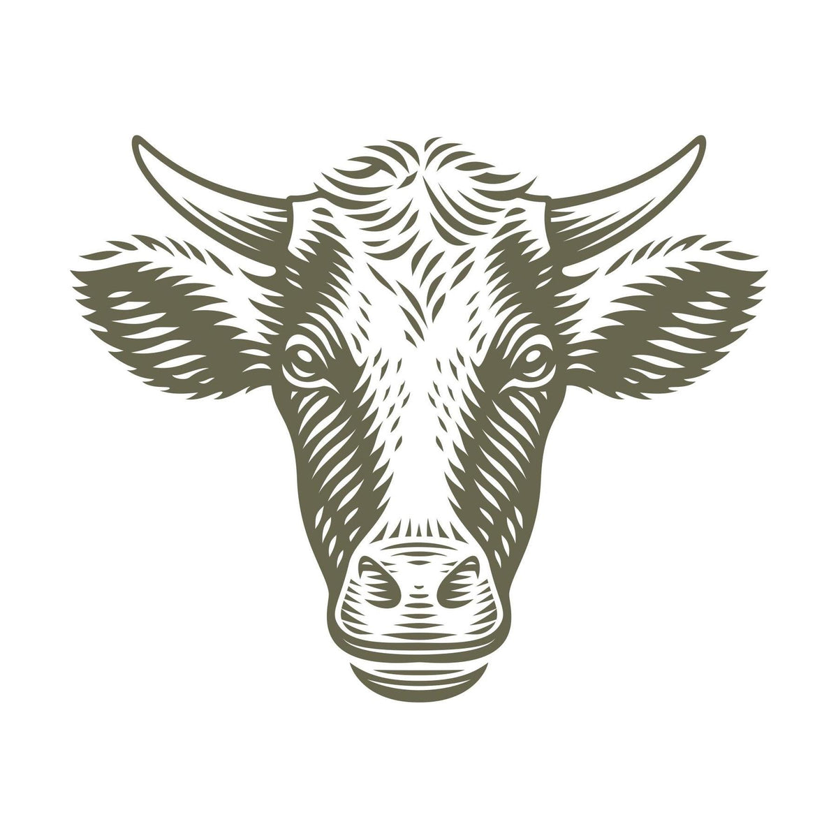 Cow head with curved horns in a woodcut style, stamped with a Delrin leather stamp