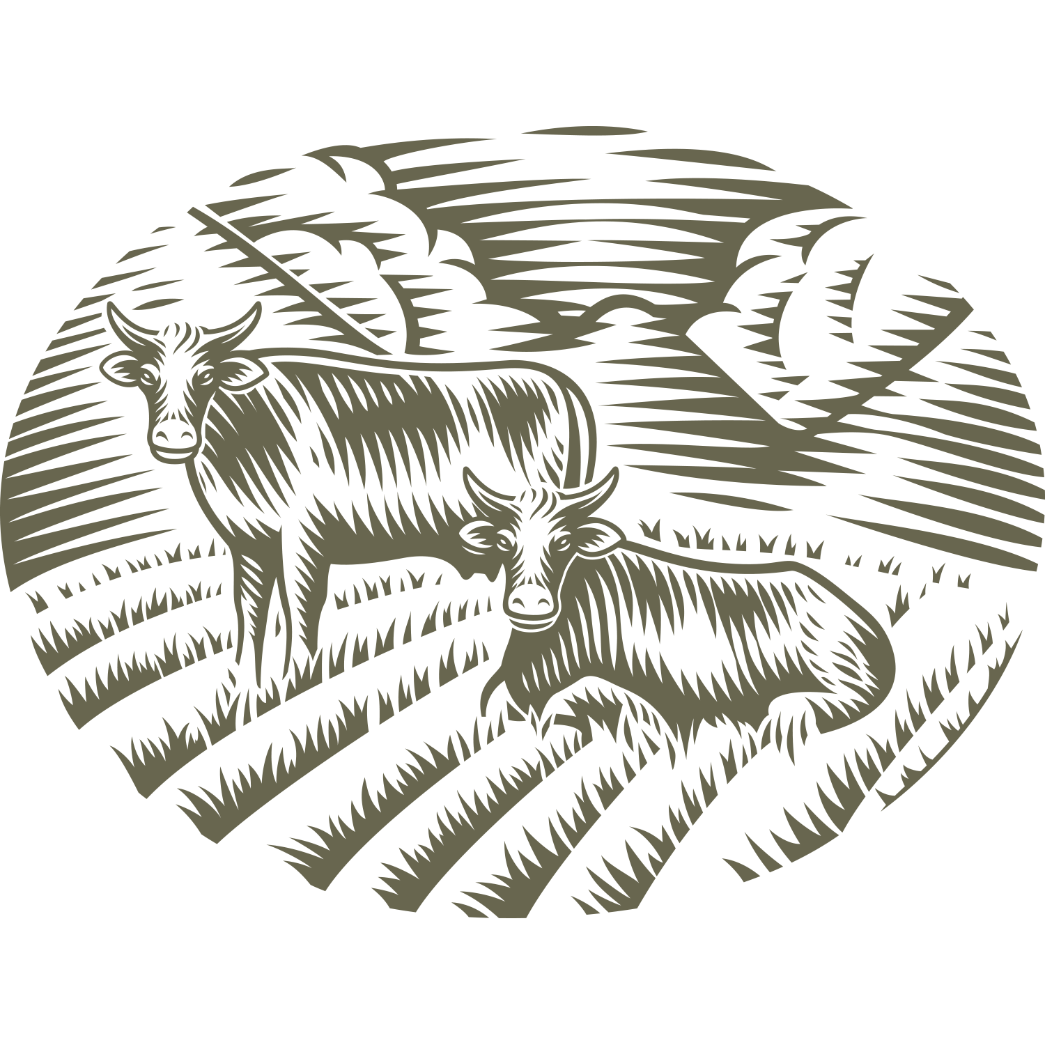 Two cows in a field with clouds and crops, designed for Delrin leather stamping