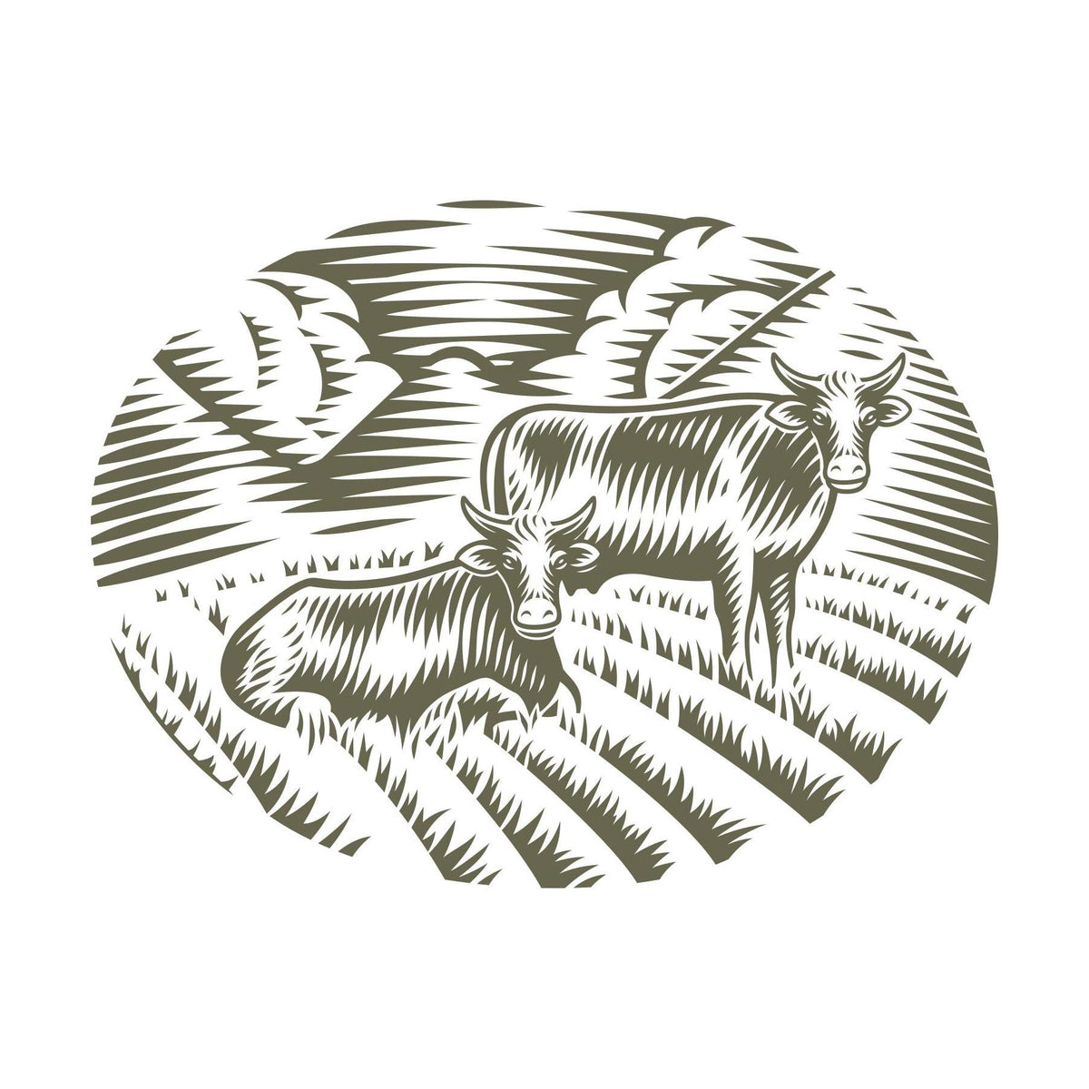 Two cows in a field with clouds and crops, designed for Delrin leather stamping