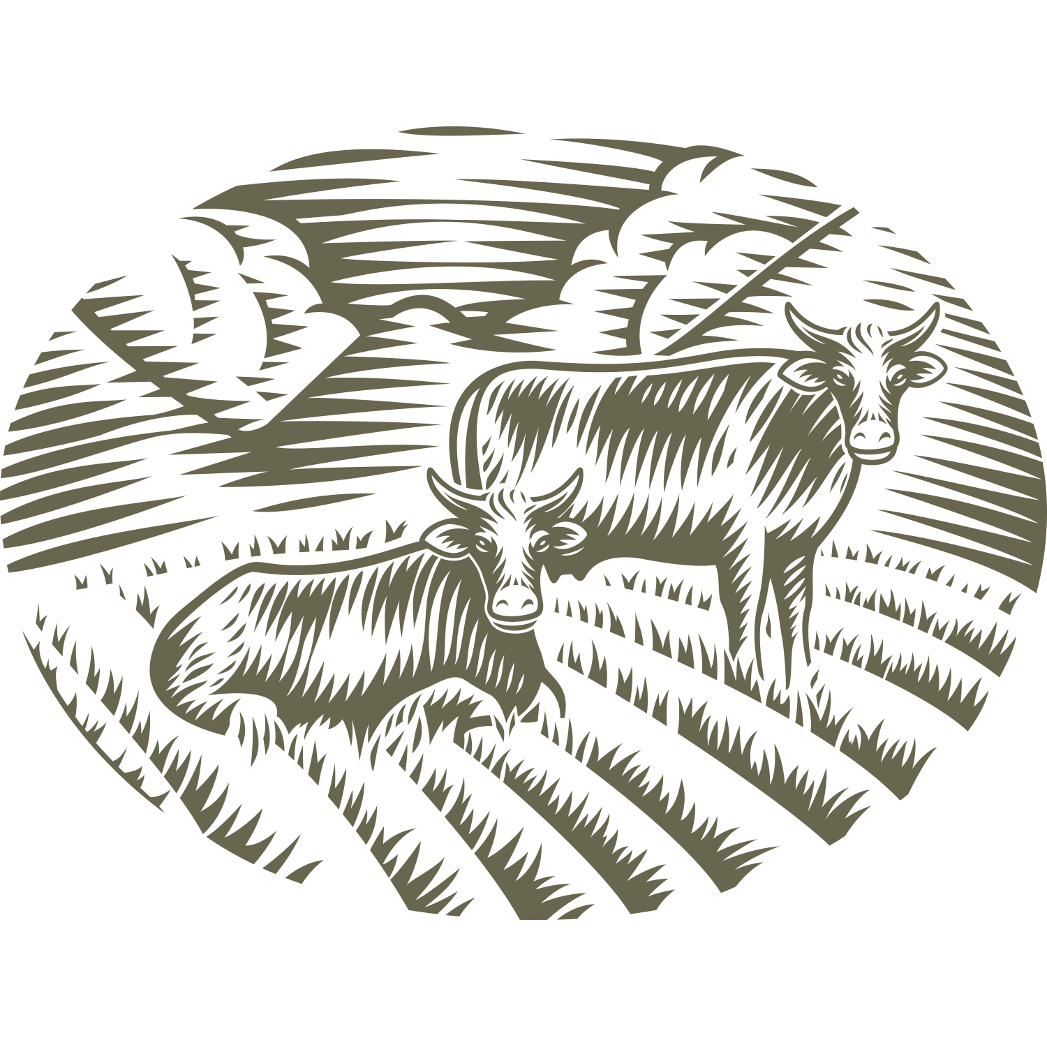 Two cows in a field with clouds and crops, designed for Delrin leather stamping