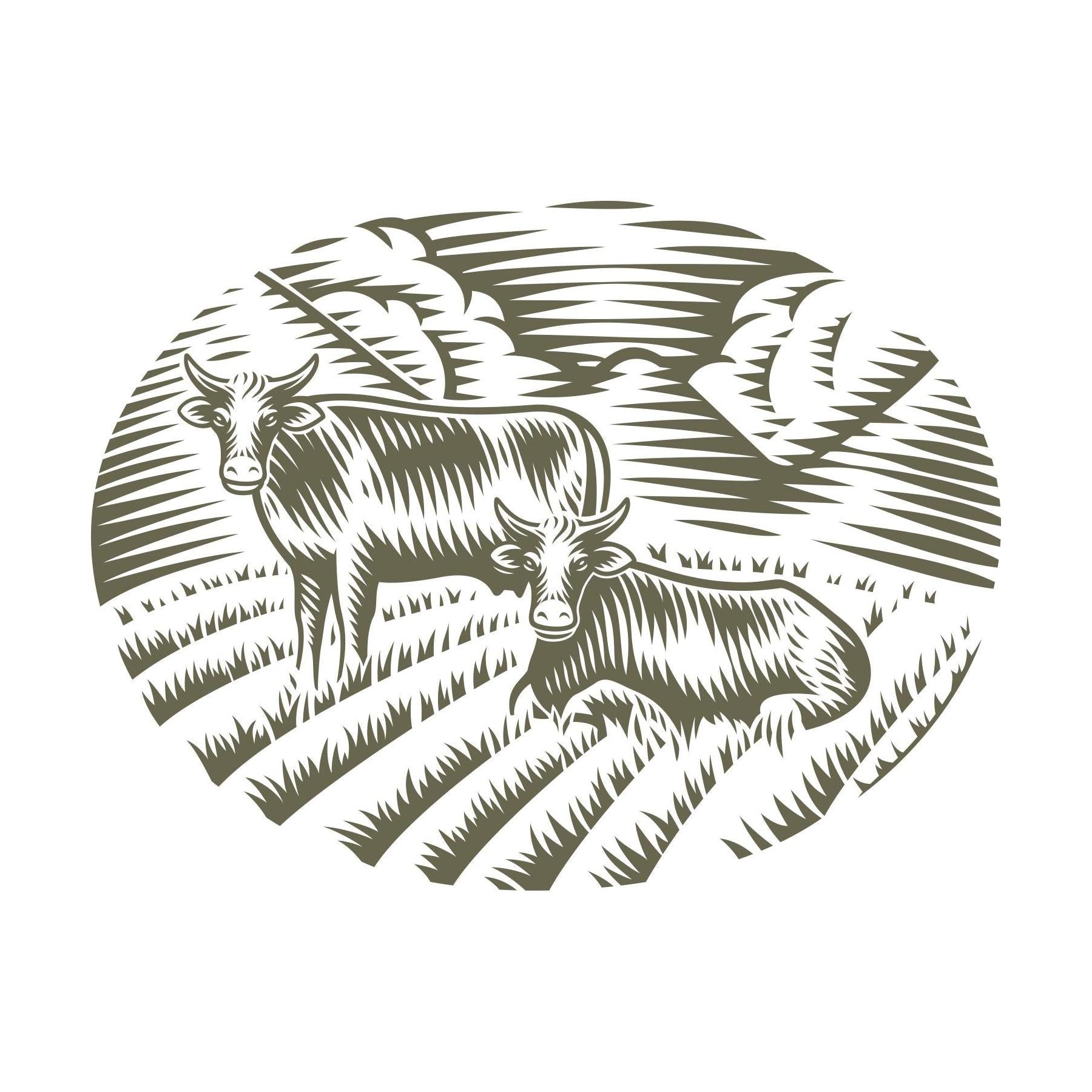 Two cows in a field with clouds and crops, designed for Delrin leather stamping