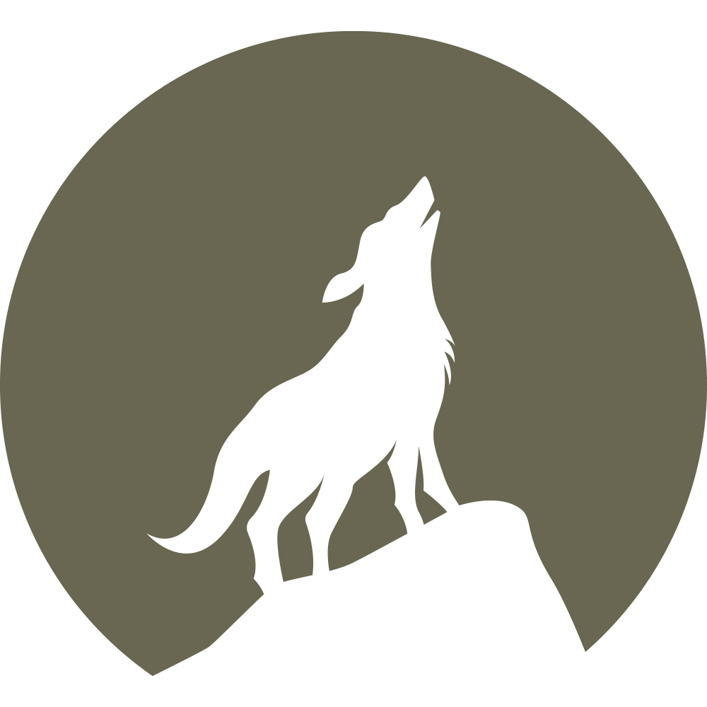 A silhouette of a coyote standing on a rock, howling, set against a circular dark green background – the perfect design for the Coyote Delrin Leather Stamp.