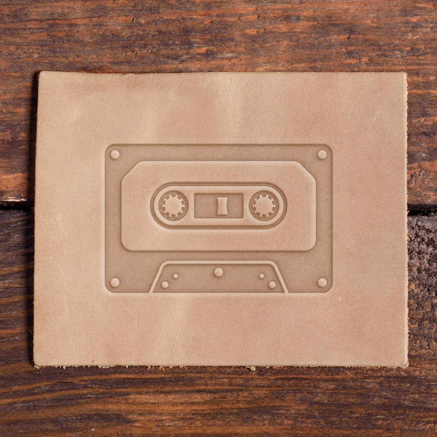 Cassette tape stamped into leather using a Delrin leather stamp