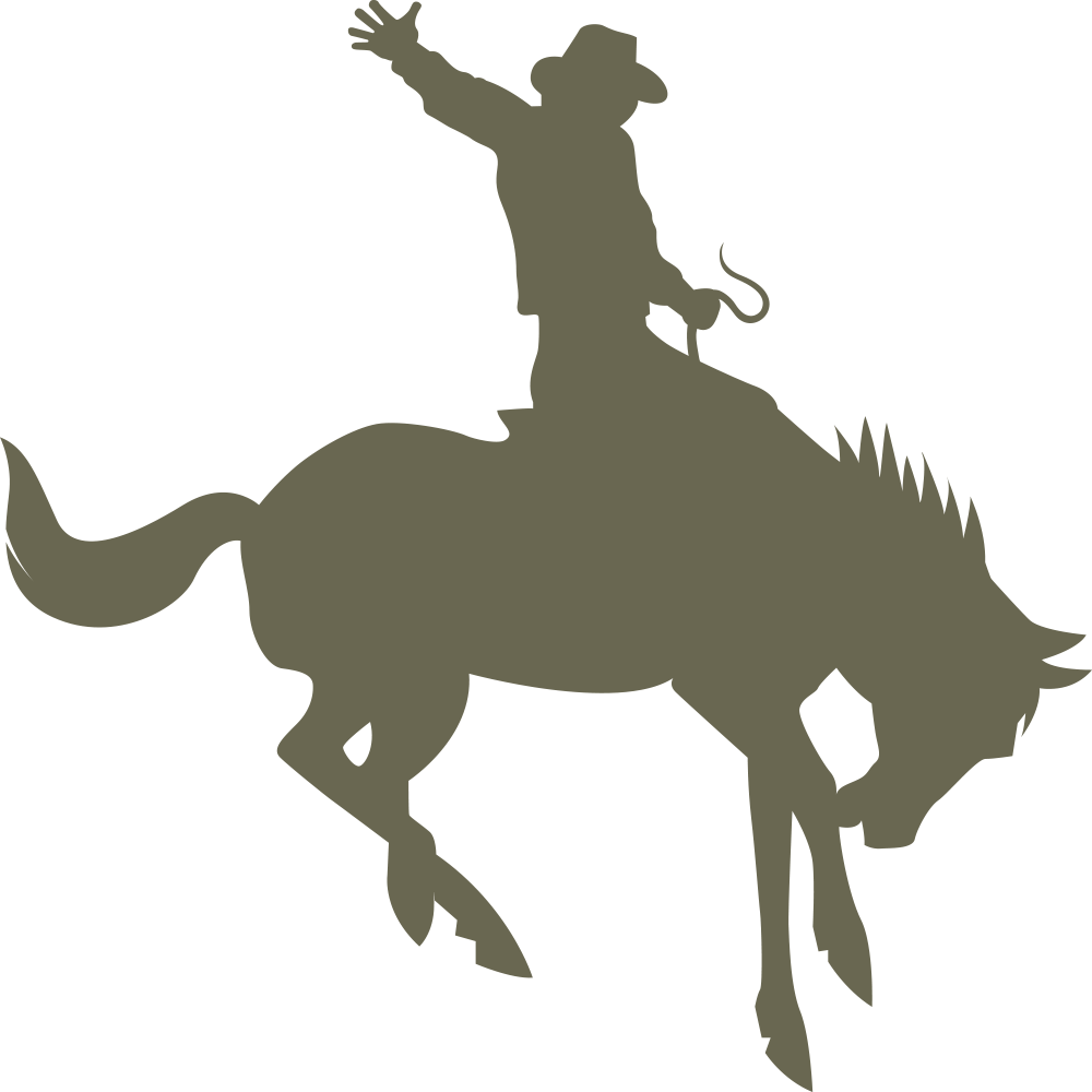 Silhouette of a person wearing a cowboy hat riding a bucking horse, as depicted on the Cowboy Delrin Leather Stamp. The rider has one arm raised and holds a rope in the other hand. The horse's front legs are in the air while its hind legs remain on the ground.