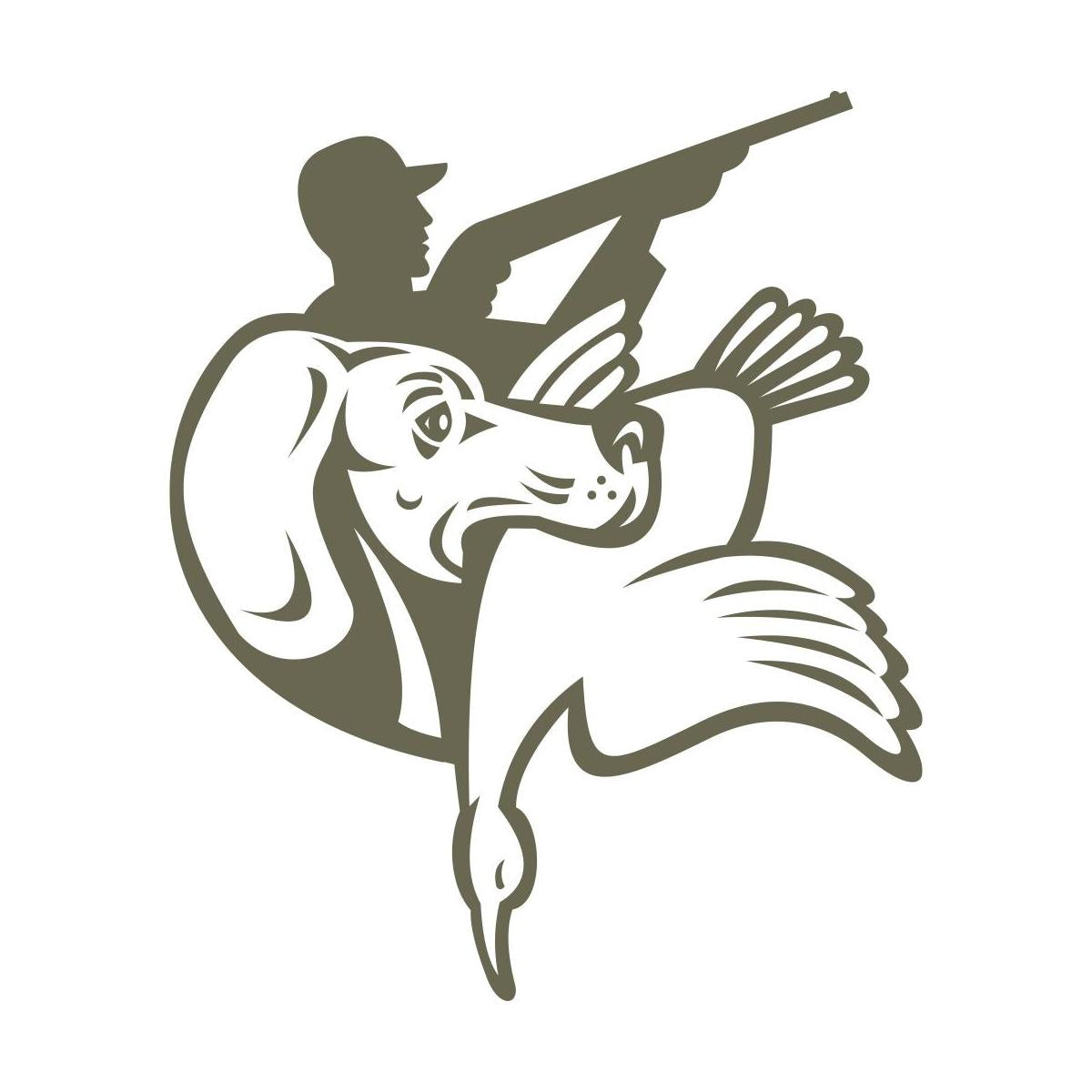 Hunting scene featuring a retriever dog holding a waterfowl, with a silhouette of a hunter aiming a shotgun in the background.