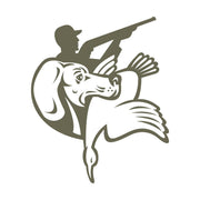 Hunting scene featuring a retriever dog holding a waterfowl, with a silhouette of a hunter aiming a shotgun in the background.