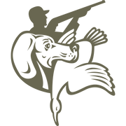 Hunting scene featuring a retriever dog holding a waterfowl, with a silhouette of a hunter aiming a shotgun in the background.