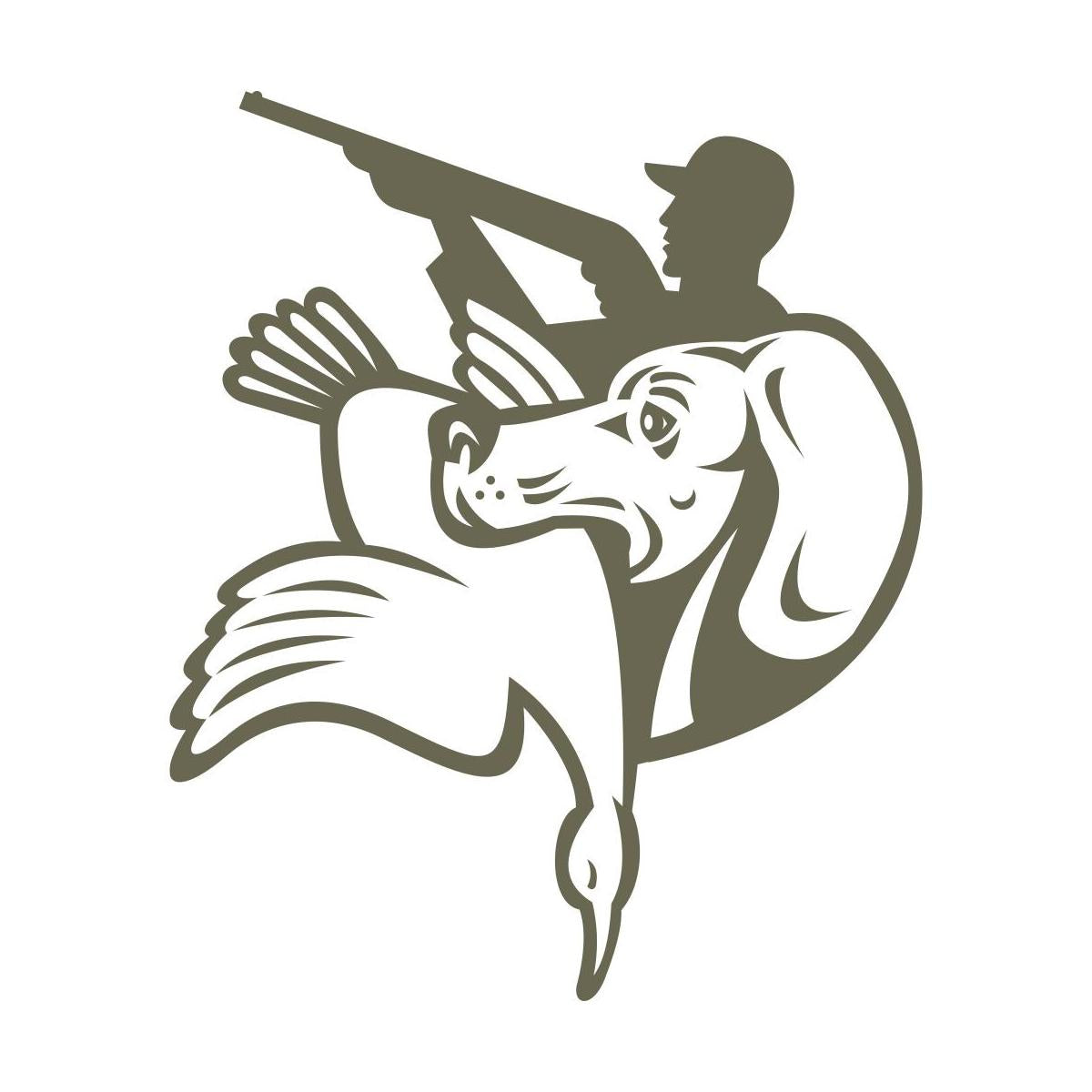 Hunting scene featuring a retriever dog holding a waterfowl, with a silhouette of a hunter aiming a shotgun in the background.