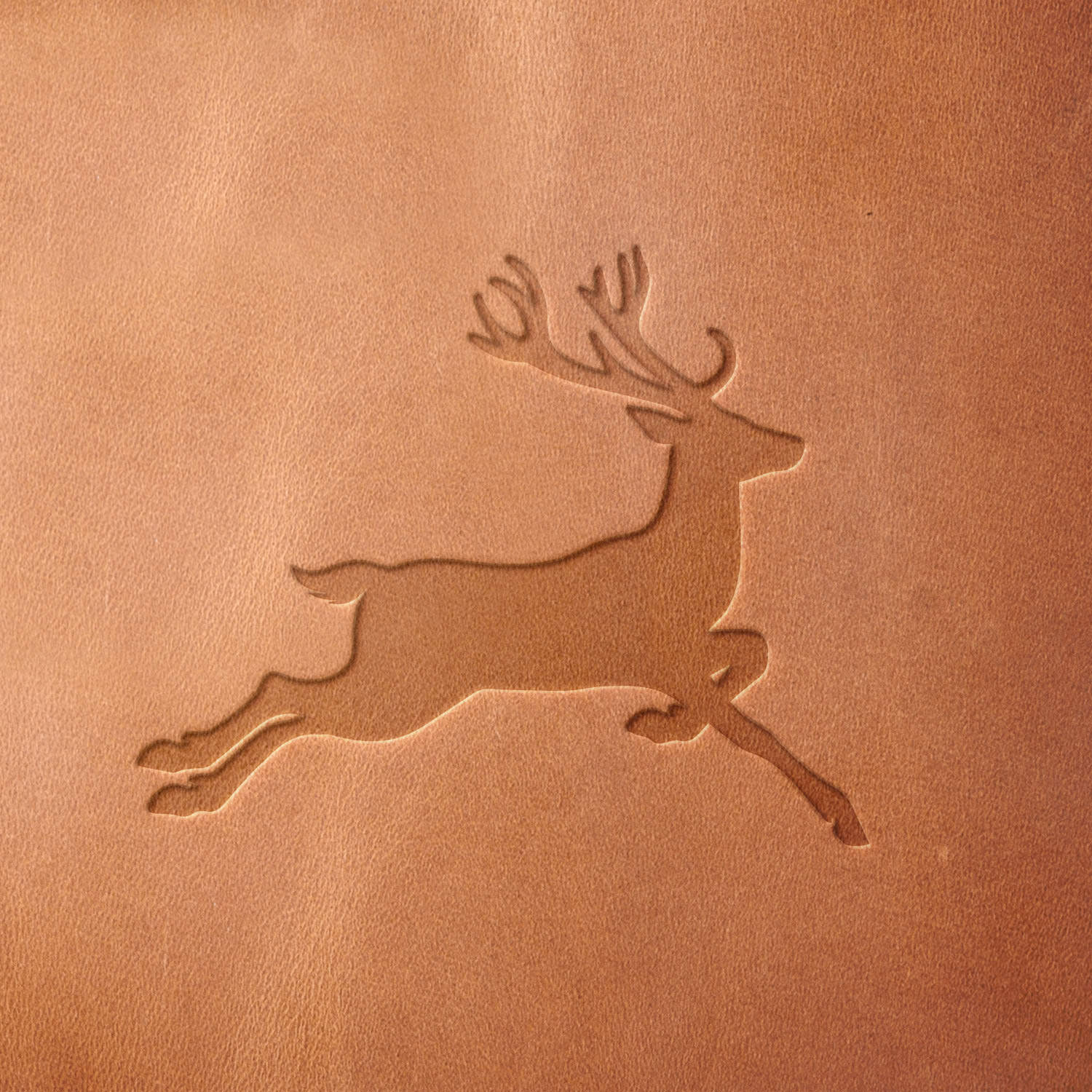 Leather sample with a crisp leaping deer stamp impression from a Delrin leather stamp, ideal for creating high-quality wildlife-themed leathercraft projects.