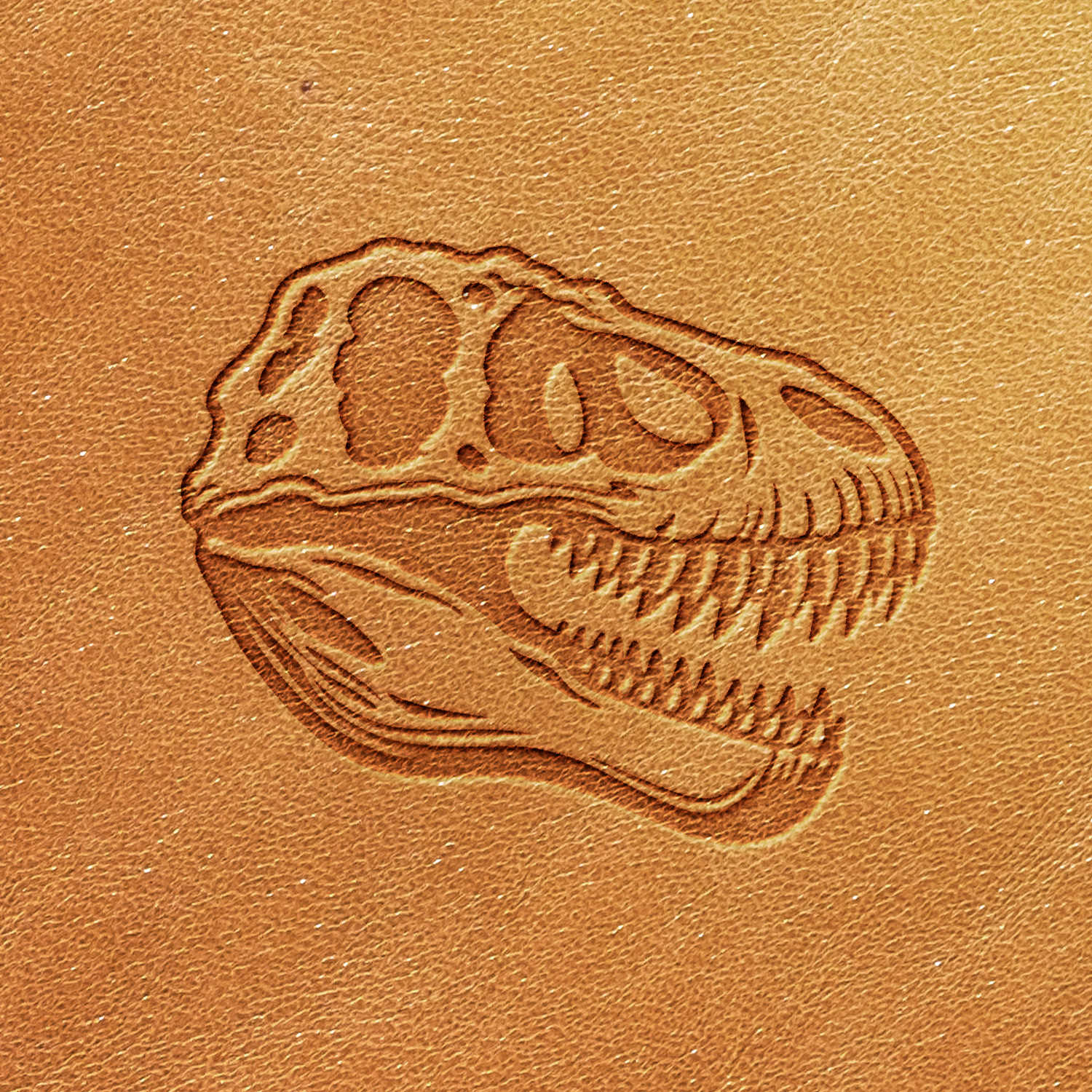 The Dinosaur Skull Delrin Leather Stamp features a detailed depiction of a Tyrannosaurus Rex skull, embossed on a light brown leather surface. The intricate design showcases sharp teeth and distinct bone features, while the texture of the leather remains clearly visible.