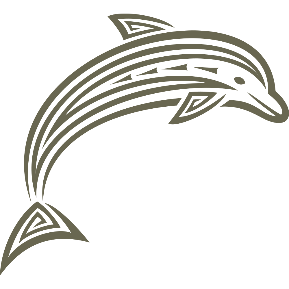 Stylized tribal dolphin design with geometric accents and curved lines.