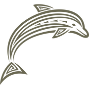 Stylized tribal dolphin design with geometric accents and curved lines.