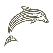 Stylized tribal dolphin design with geometric accents and curved lines.