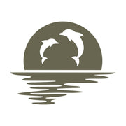 Delrin leather stamp design of two dolphins leaping in front of a setting sun, with rippling water below—ideal for ocean-themed leathercraft, beachy gifts, or nautical projects.