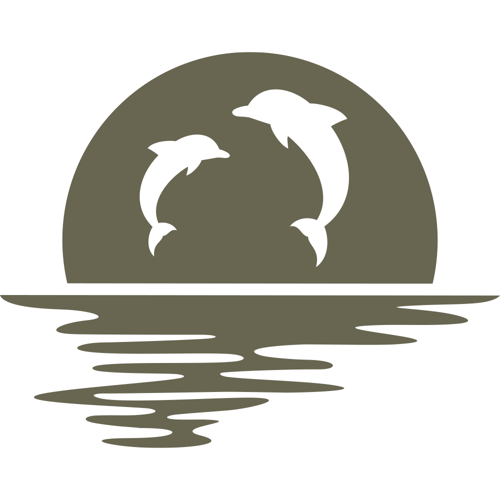 Delrin leather stamp design of two dolphins leaping in front of a setting sun, with rippling water below—ideal for ocean-themed leathercraft, beachy gifts, or nautical projects.