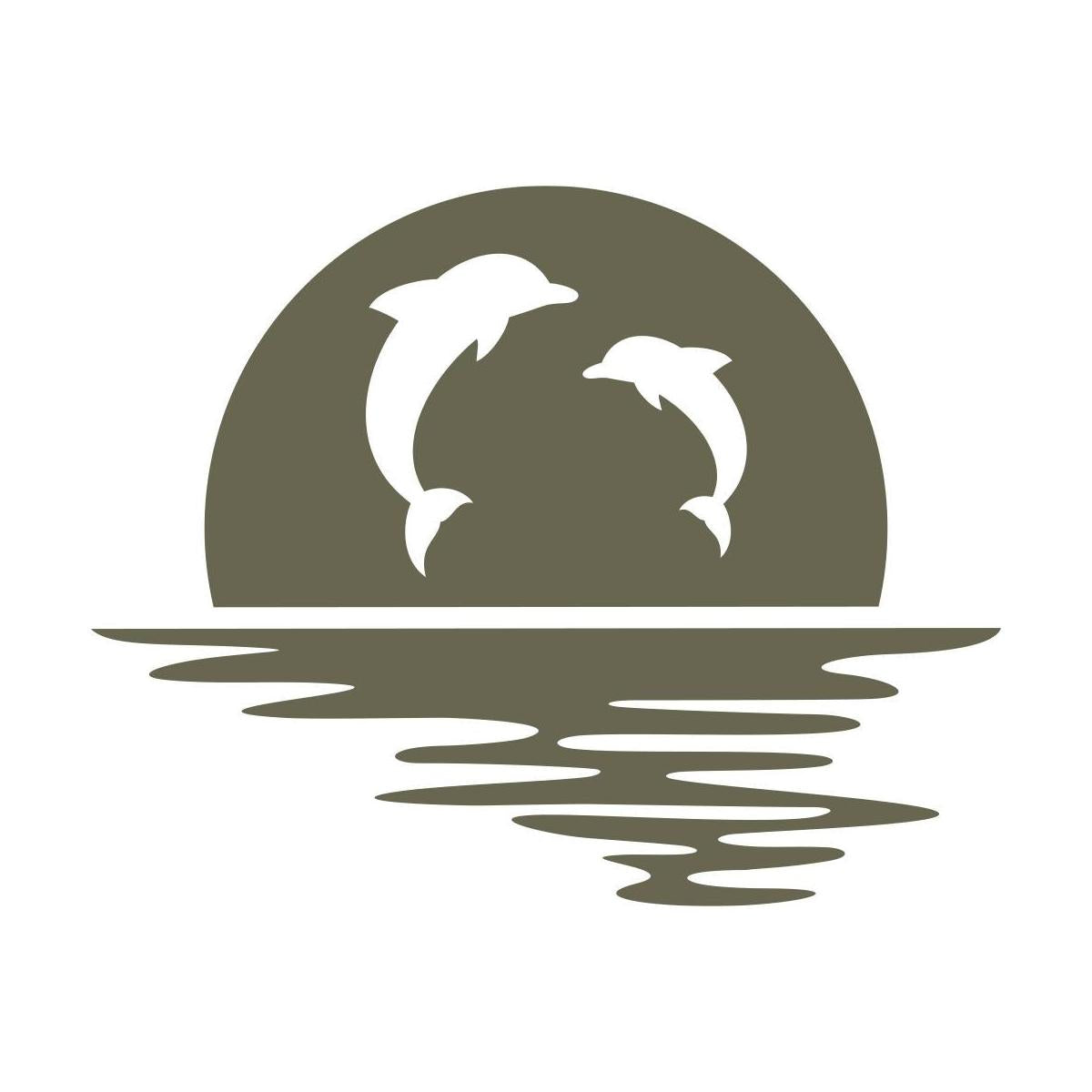 Delrin leather stamp design of two dolphins leaping in front of a setting sun, with rippling water below—ideal for ocean-themed leathercraft, beachy gifts, or nautical projects.