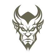 Delrin leather stamp design of a stylized devil face with sharp horns, angular features, and an intense expression.