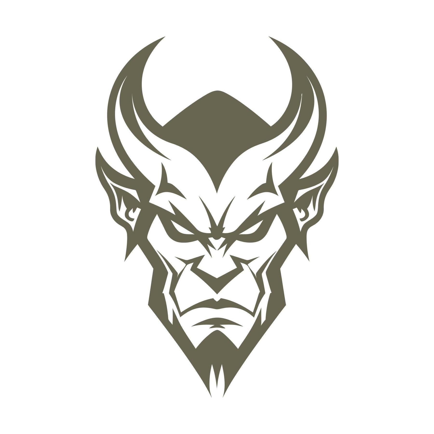 Delrin leather stamp design of a stylized devil face with sharp horns, angular features, and an intense expression.