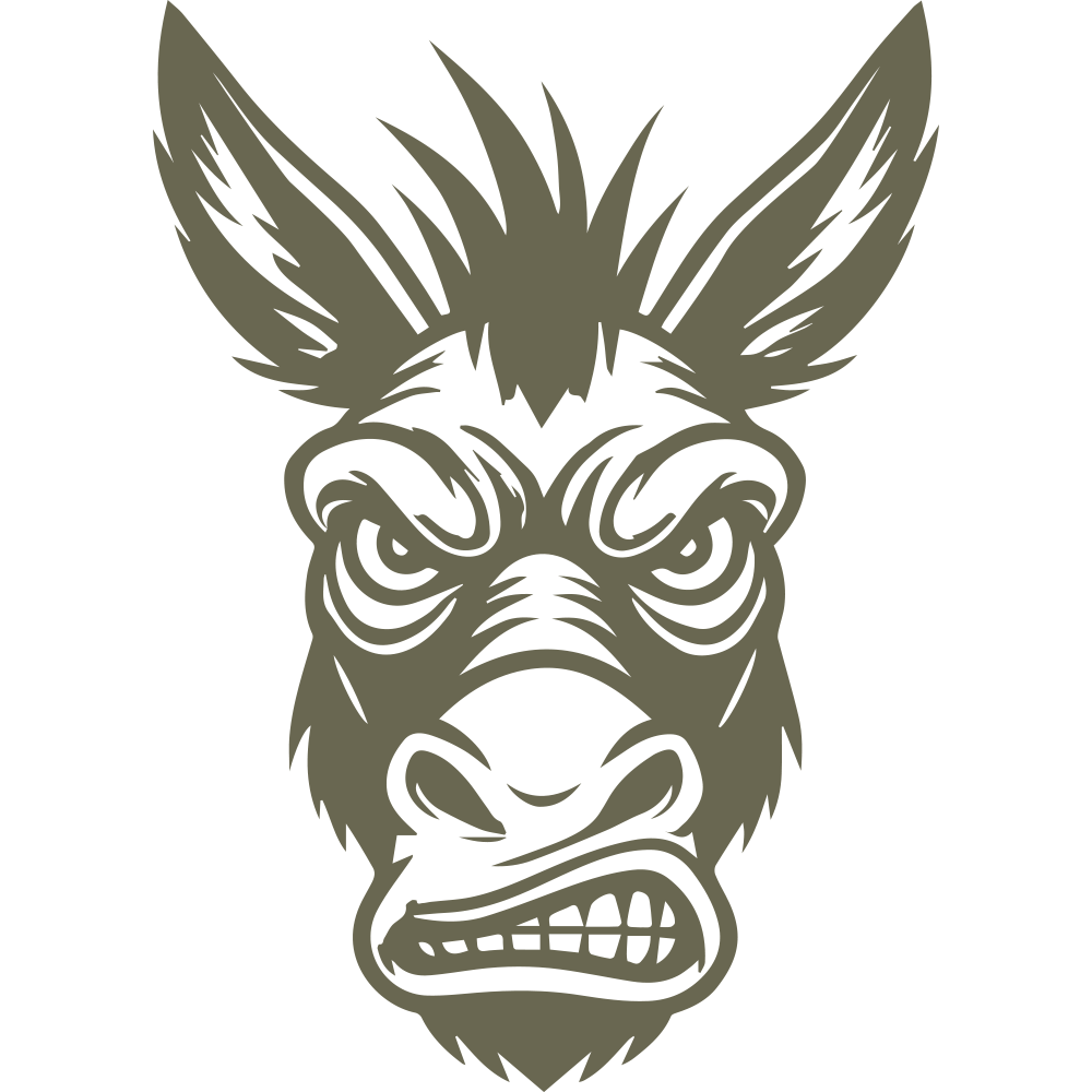 Fierce donkey head design featuring a bristly mane, large ears, and a determined expression.