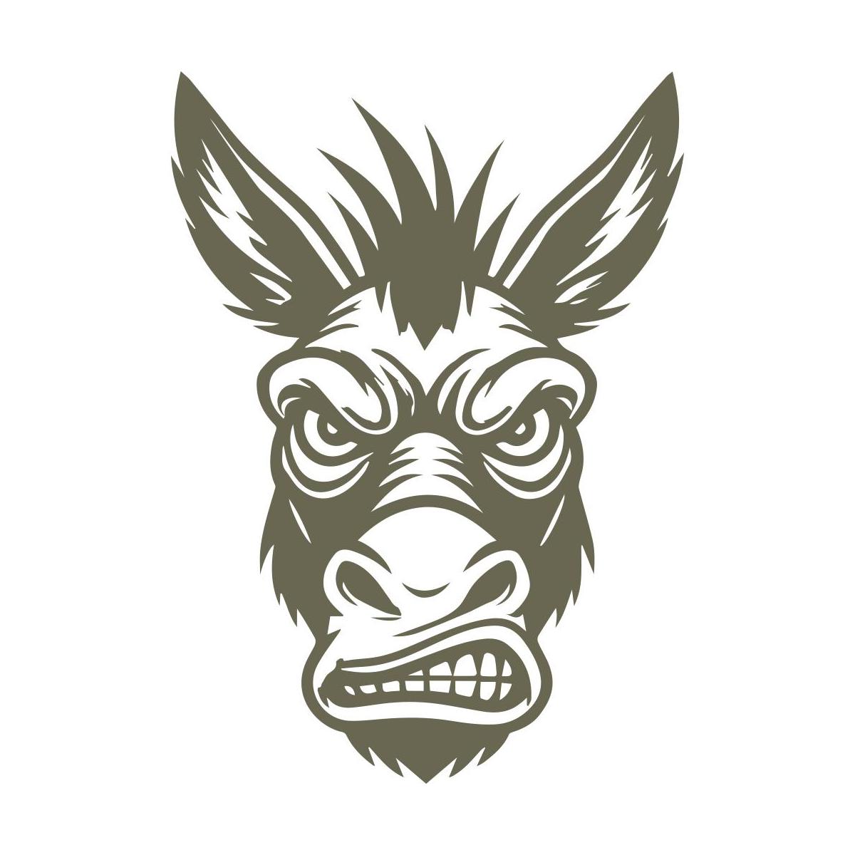 Fierce donkey head design featuring a bristly mane, large ears, and a determined expression.