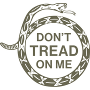 “Don’t Tread on Me” design featuring a coiled rattlesnake forming a circular border with bold text inside.