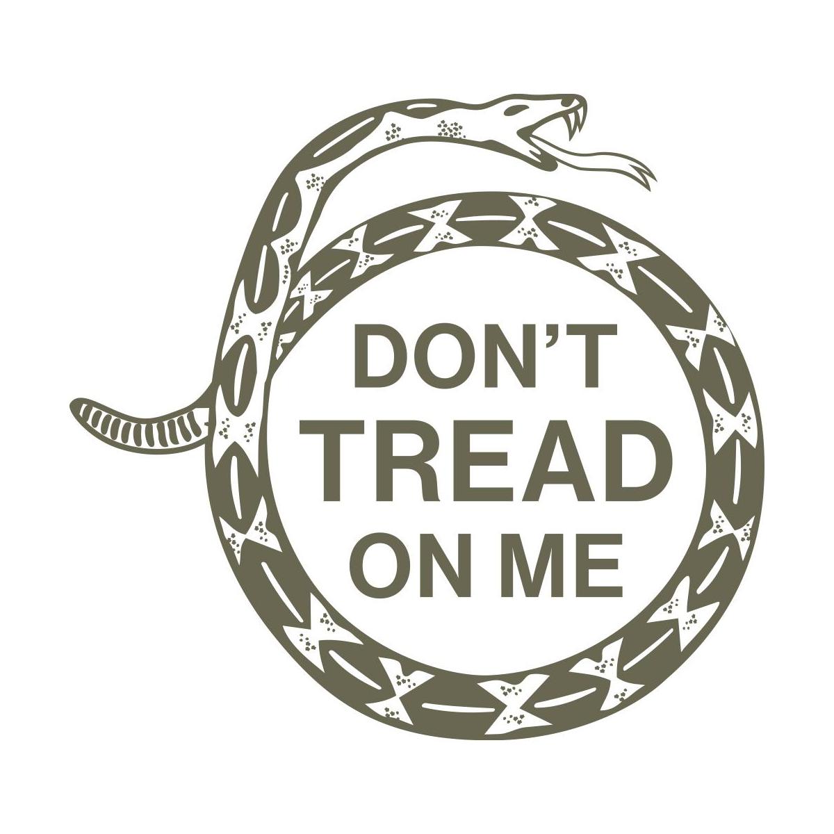 “Don’t Tread on Me” design featuring a coiled rattlesnake forming a circular border with bold text inside.