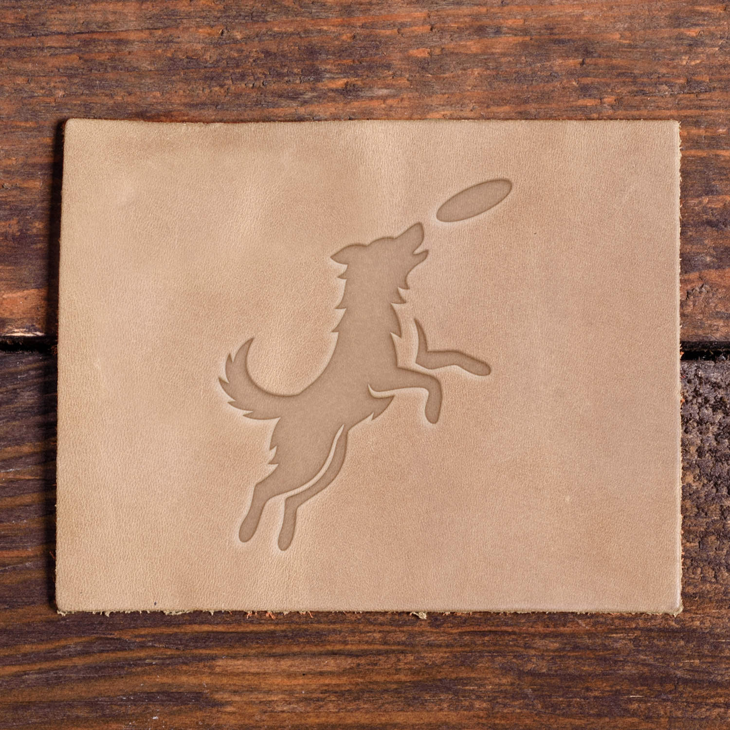 Jumping Dog Frisbee Delrin Leather Stamp