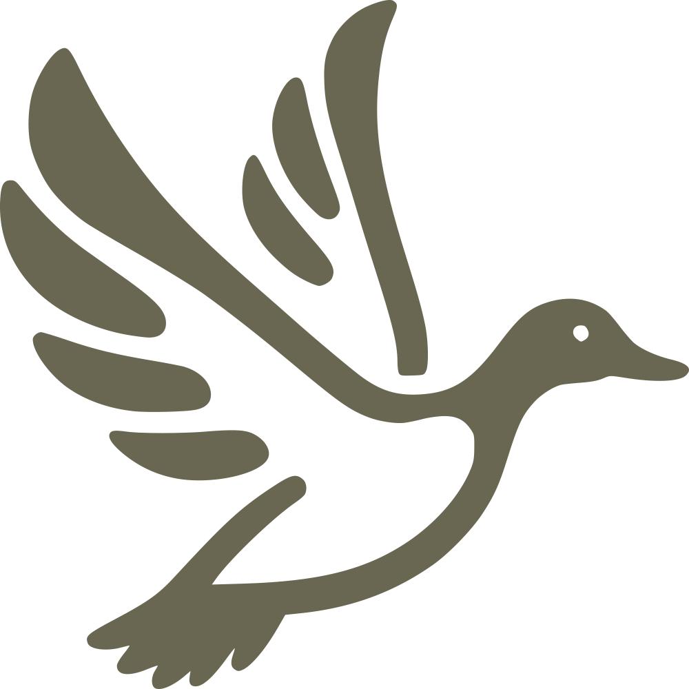 Stylized flying duck design featuring outstretched wings, a streamlined body, and curved feather details.