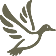 Stylized flying duck design featuring outstretched wings, a streamlined body, and curved feather details.