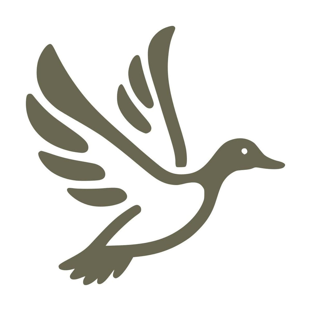 Stylized flying duck design featuring outstretched wings, a streamlined body, and curved feather details.
