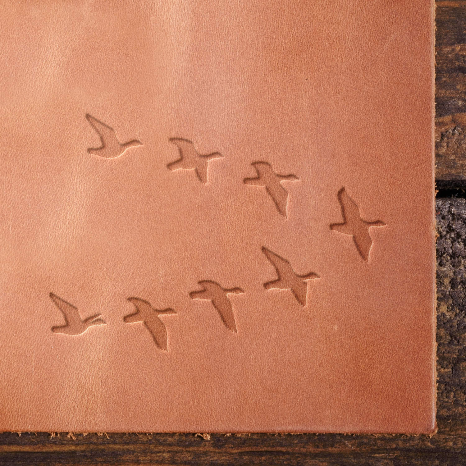 Leather sample showcasing a stamped flock of birds in flight using a delrin leather stamp, emphasizing the graceful movement and natural formation of migratory birds.