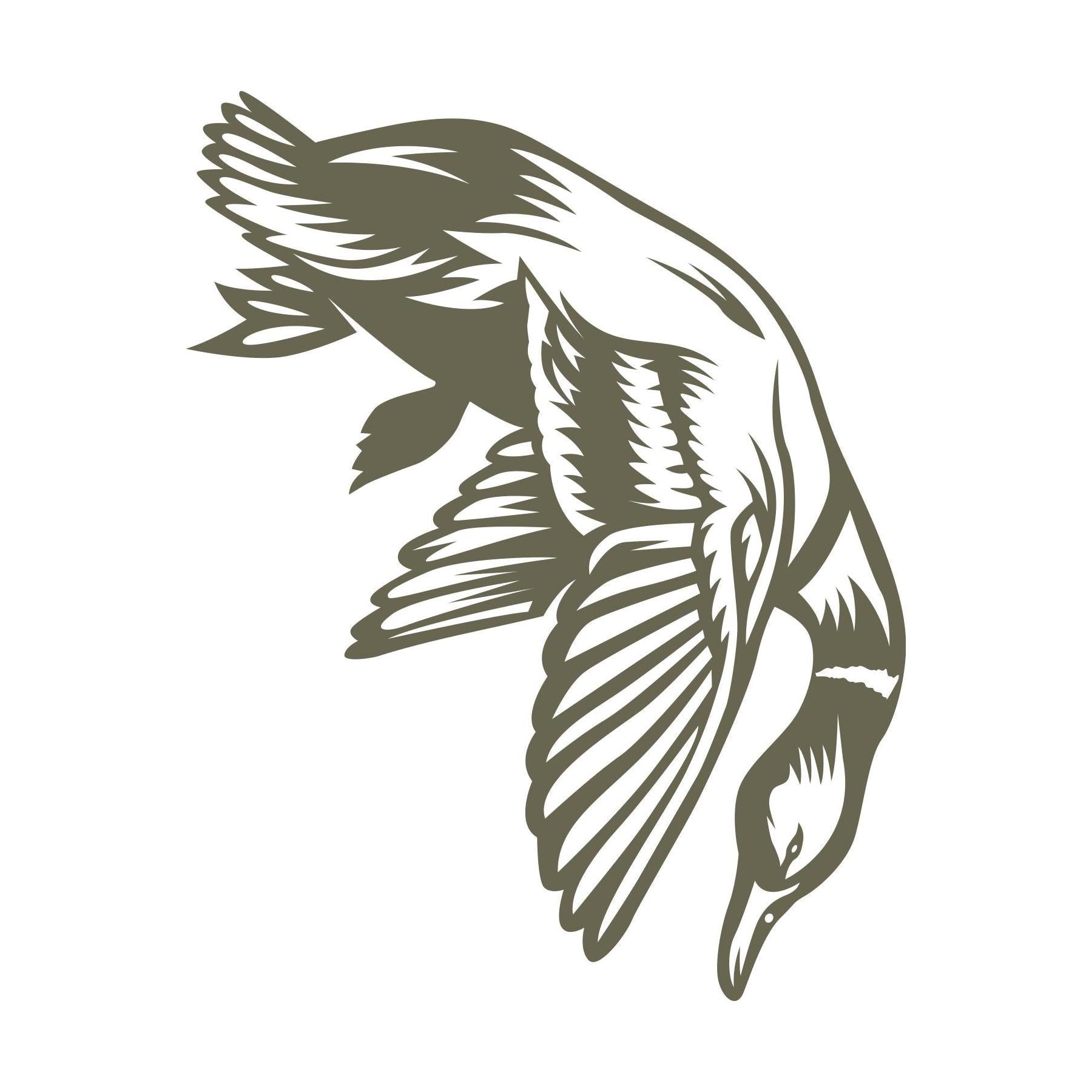 Delrin leather stamp design of a duck falling from the sky after being shot, wings extended and body angled downward—perfect for bird hunting and outdoors-themed leather projects.